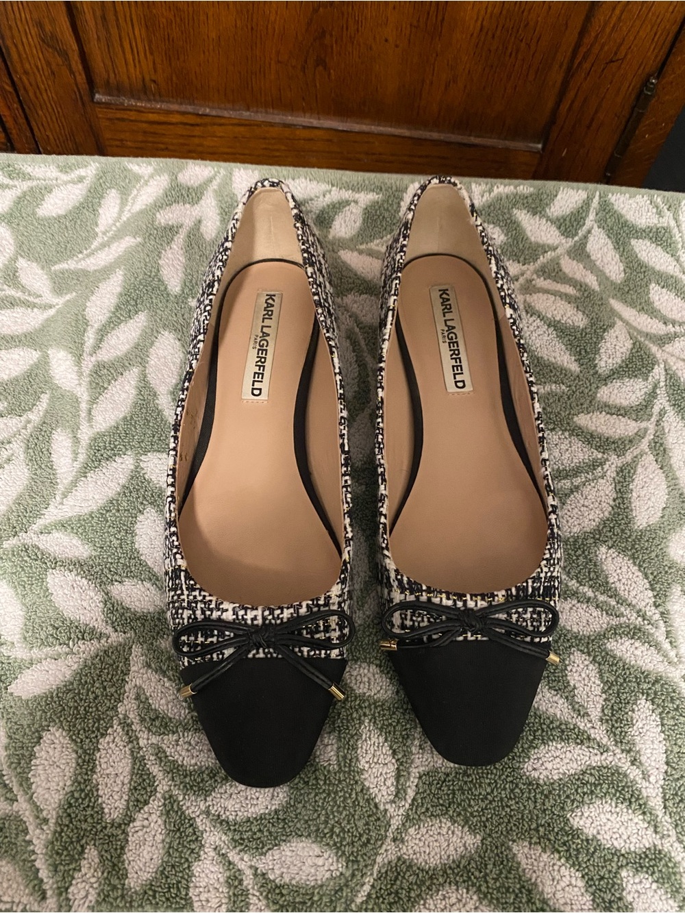 Karl Lagerfeld Nantes Pearl Trim Heel & Tweed Bow Ballet Flats, size 8 women’s